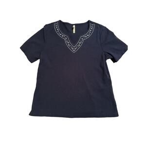 White Stag Women’s Short Sleeve Embroidered V-Neck Cotton T-Shirt Sz S Navy Blue